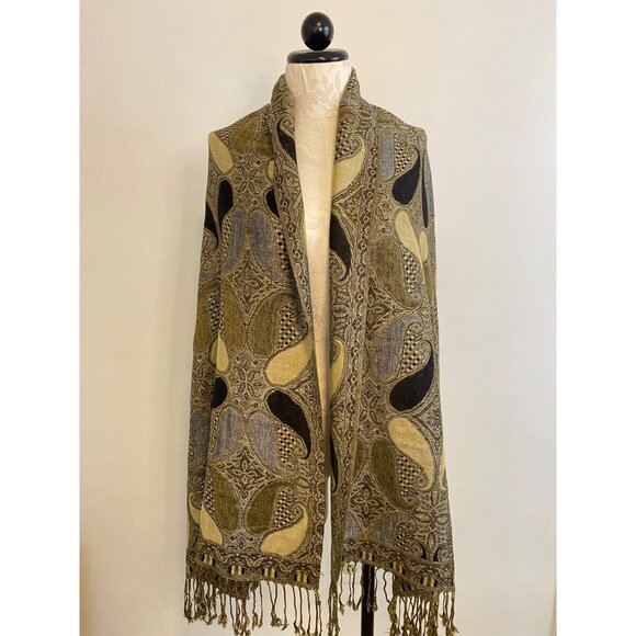 Paisley Pashmina Scarf/Wrap With Fringe - Gold, Black, Green & Cream - Picture 2 of 5